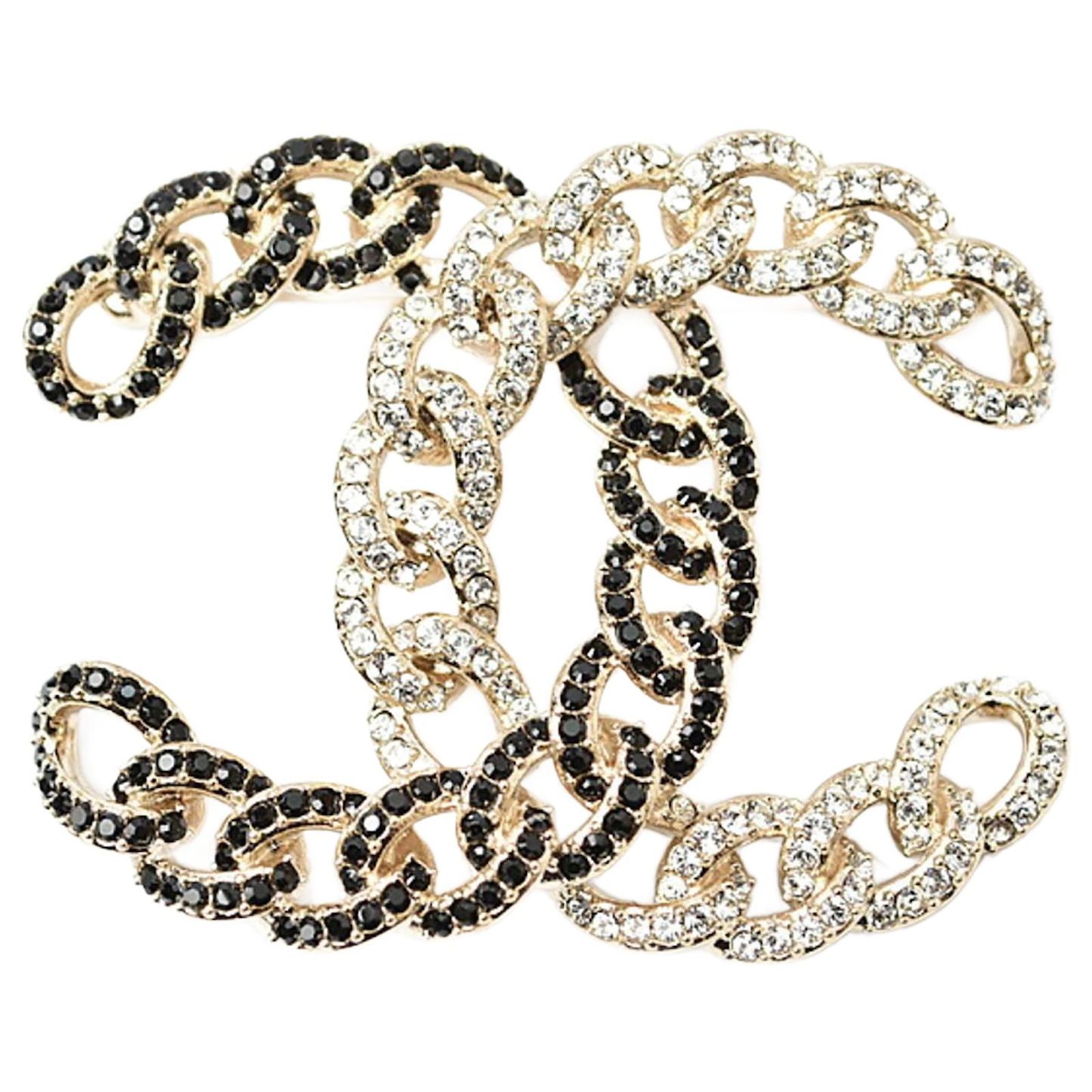 Broche Vintage Plaquée Or, Décorée De Strass Noirs Et Transparents - Bijou D'occasion Générique - Parure Pour Veste Ou écharpe
