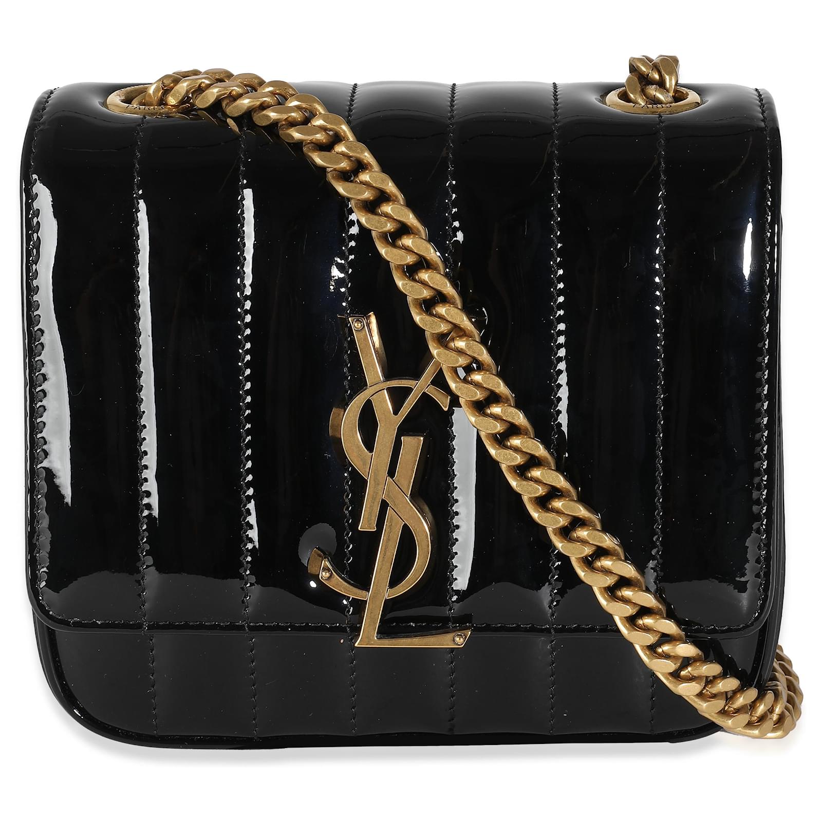 Saint Laurent Kleine Vicky Kette Tasche aus schwarzem lackiertem Kalbsleder mit Matelasse Monogramm Lackleder ref.1526677 Joli Closet