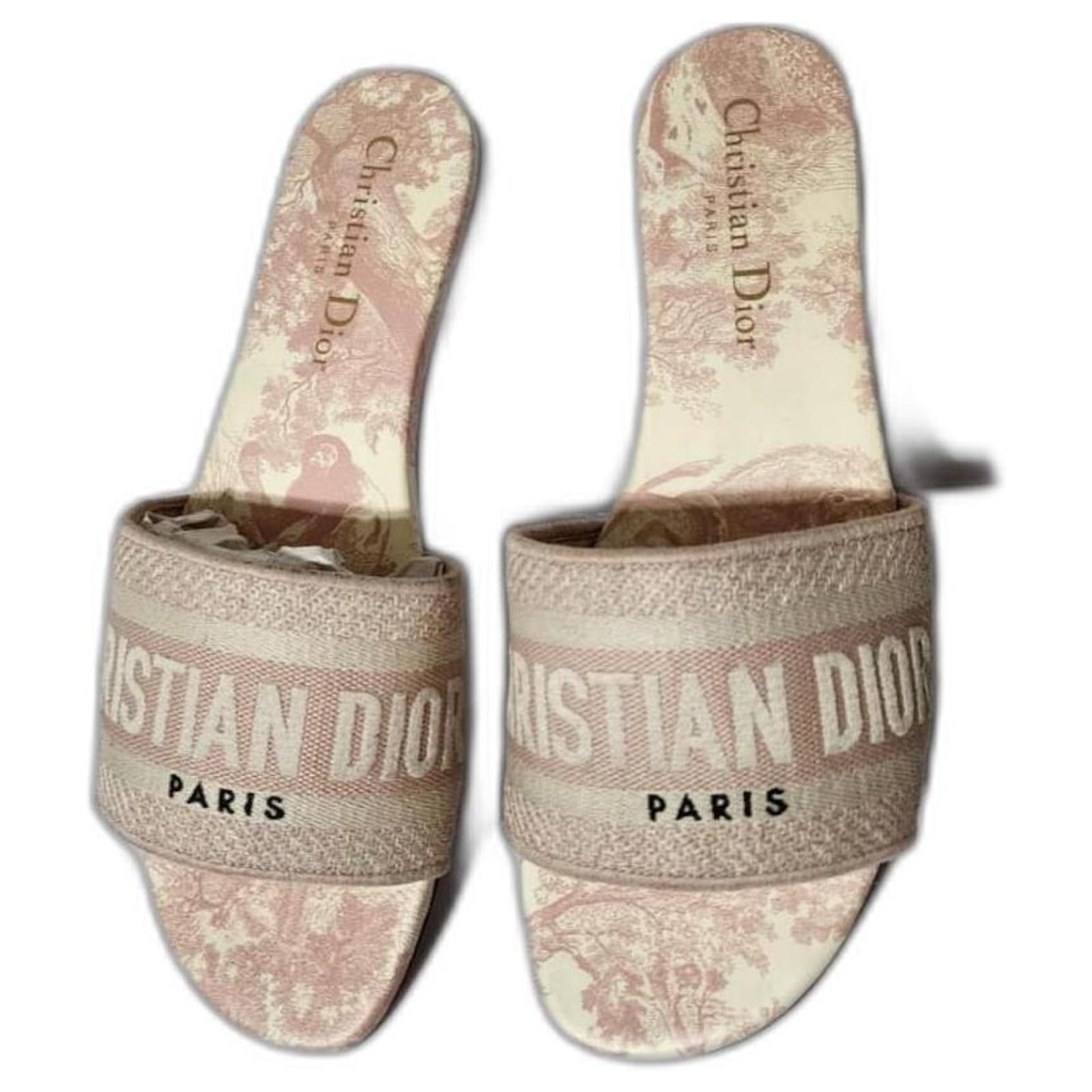 Christian Dior Dior Embroidered Canvas Dway Flat Slides Pink/Cream