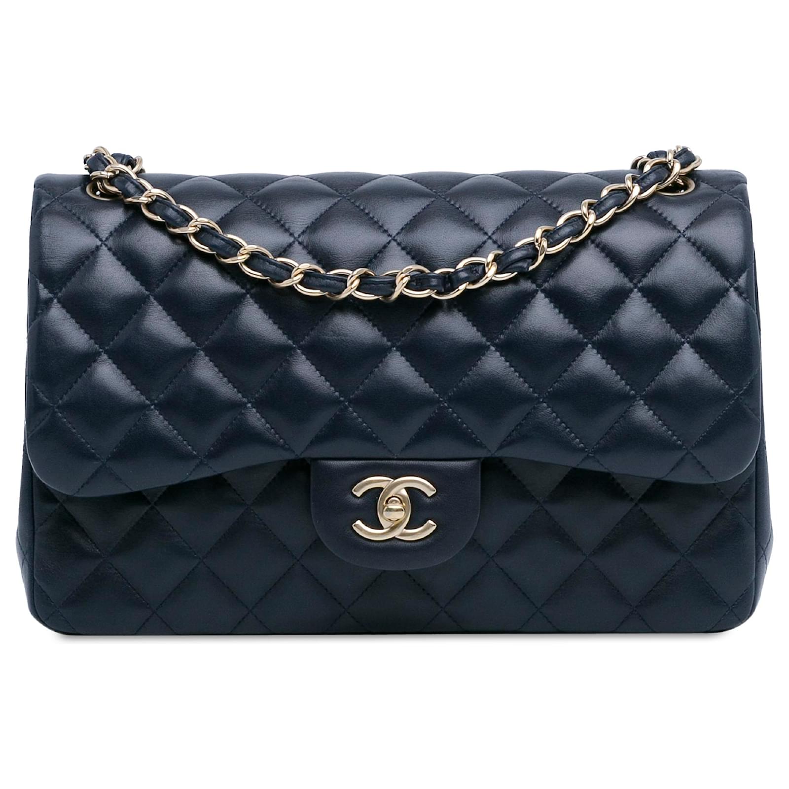 Chanel Blue Jumbo Classic Lambskin Double Flap Navy blue Leather ref ...