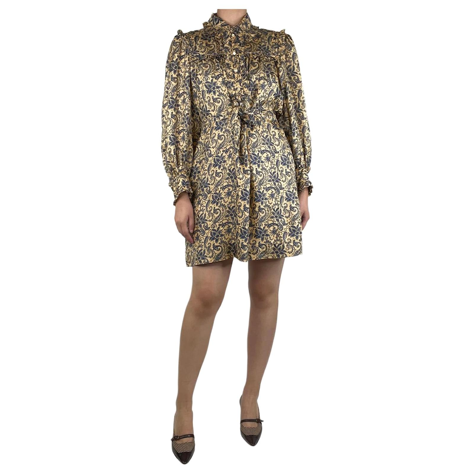 Sandro Gold and blue paisley ruffled mini dress - size UK 10 (Sold) - Joli  Closet