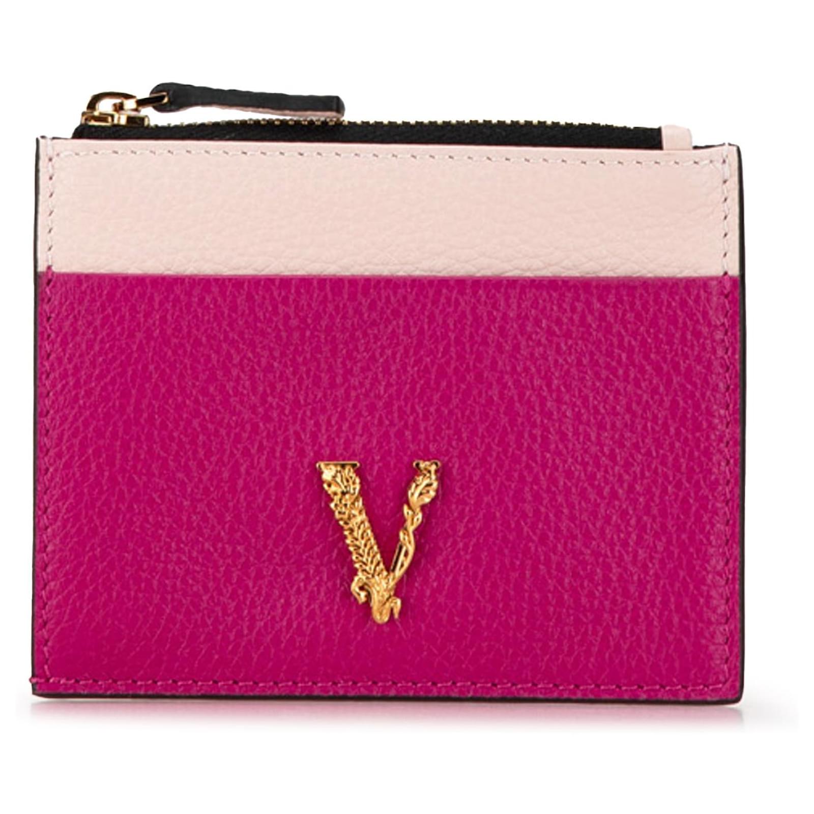 Versace Pink Bicolor Leather Virtus Logo Card Holder Pony-style