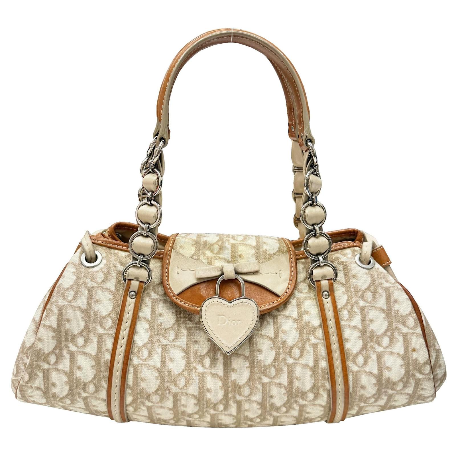 Christian Dior Trotter Heart Charm Shoulder Bag Pink Beige Leather