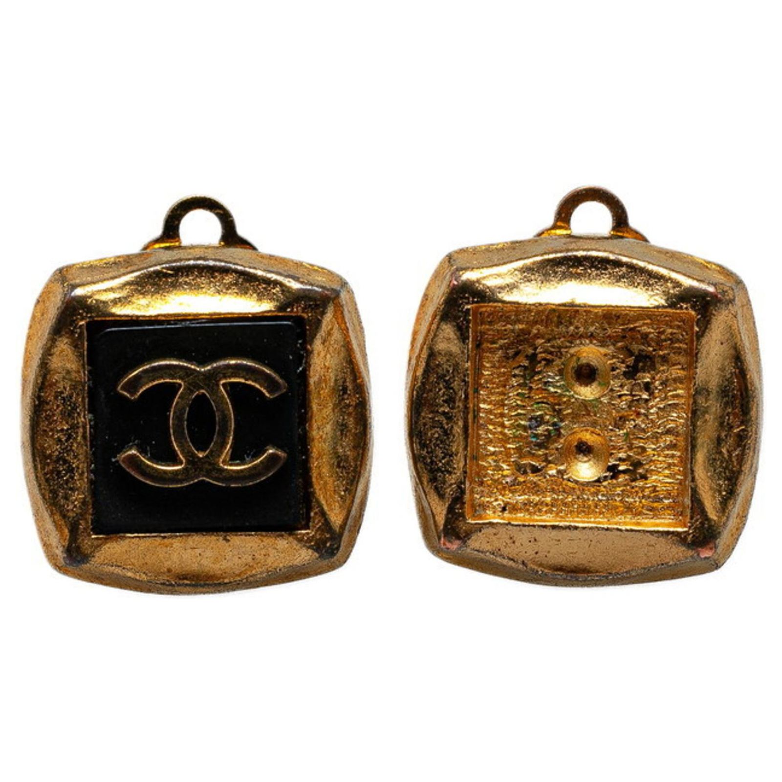 Chanel Coco Mark Clip Earrings Black Golden Gold-plated ref 