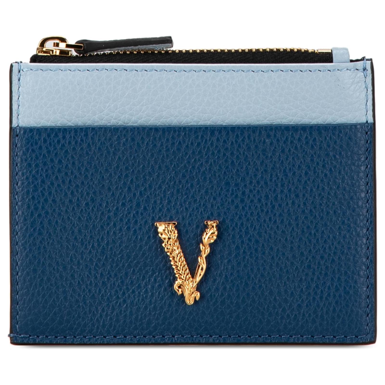Versace Blue Virtus Logo Card Holder Leather Pony-style calfskin
