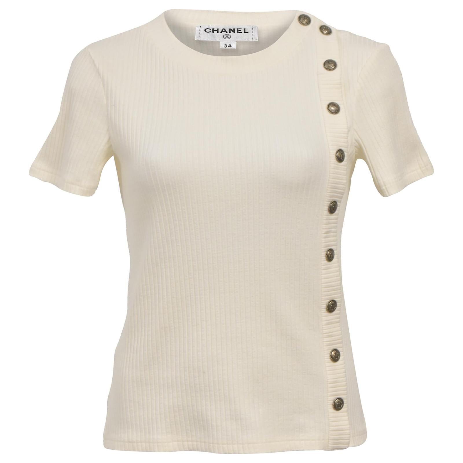 Timeless Chanel Side Button Ribbed T-Shirt in Cream Cotton Timeless Chanel Side Button Ribbed T-Shirt in Cream Cotton