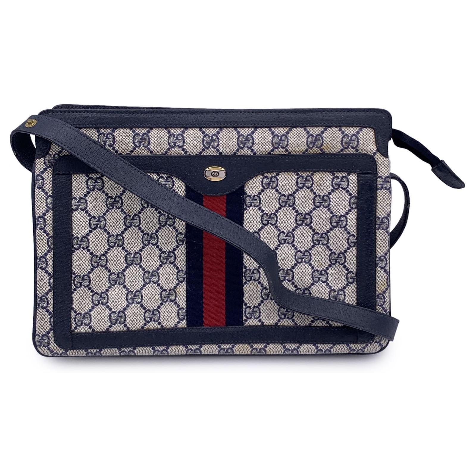 Gucci Clutch fashion Vintage Monogram Striped Purse Blue Leather Crossbody Shoulder Bag