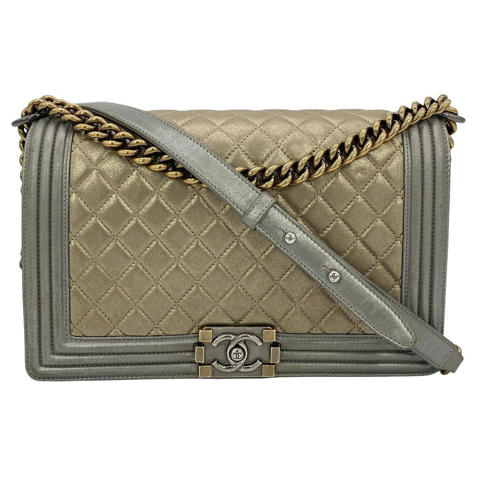Chanel Gold Silver Leather Medium Boy Bag Classic Flap Golden Metallic ...