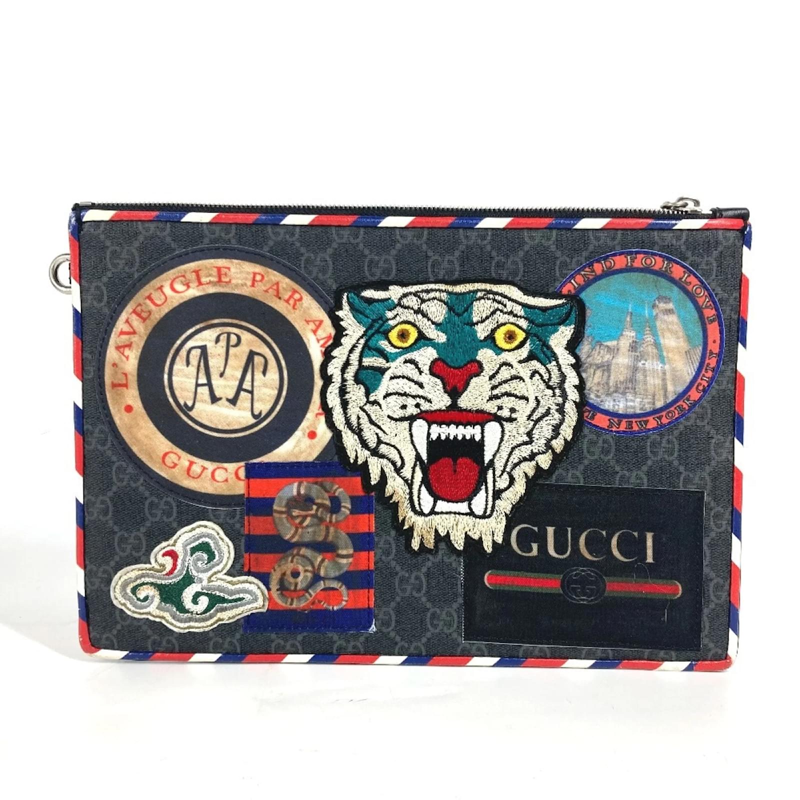 Pochette Clutch Gucci GG Supreme Patch Tigre Gatto Marrone Tela ref.1552805  - Joli Closet