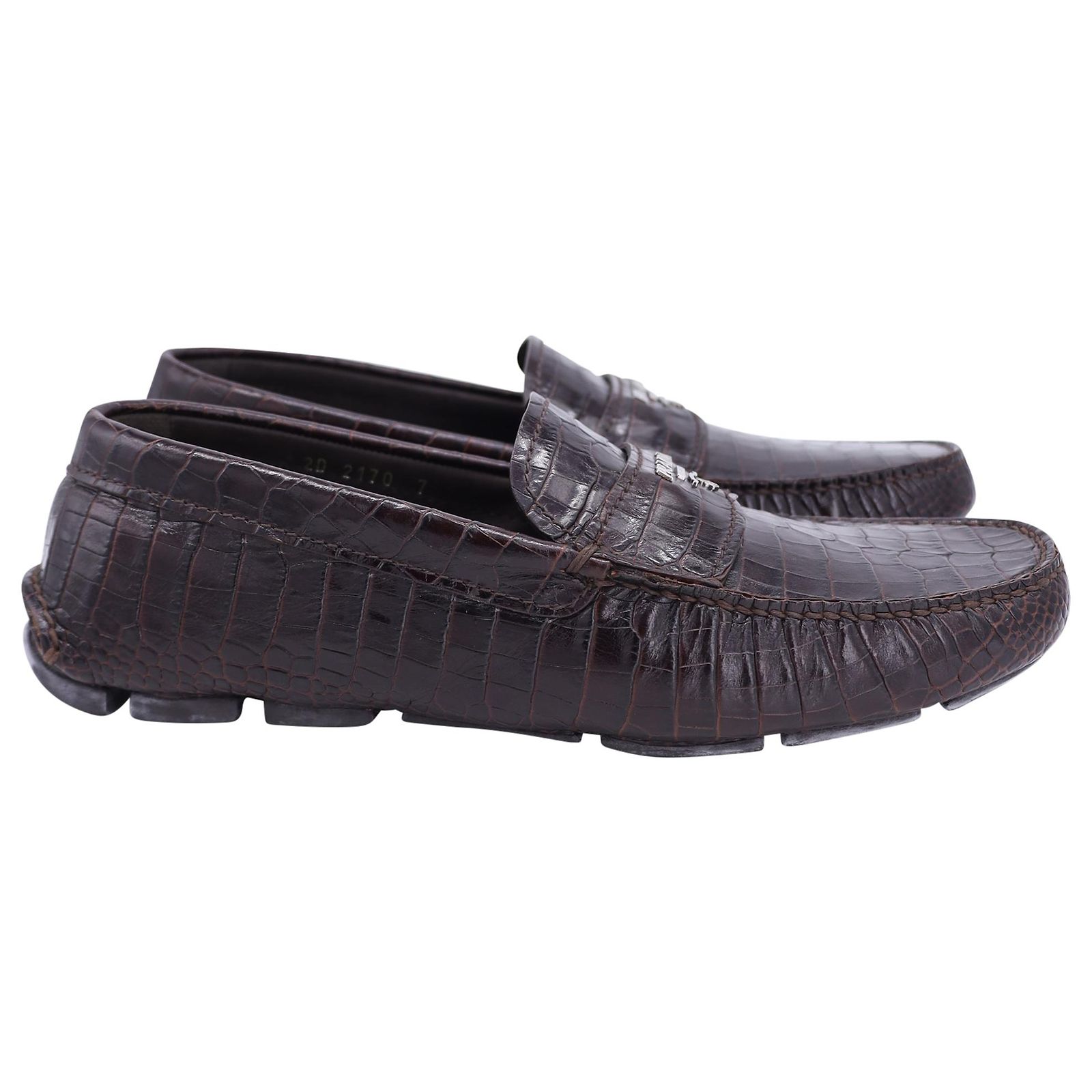 Prada Crocodile Embossed Loafers in Brown Leather ref  display picture 1