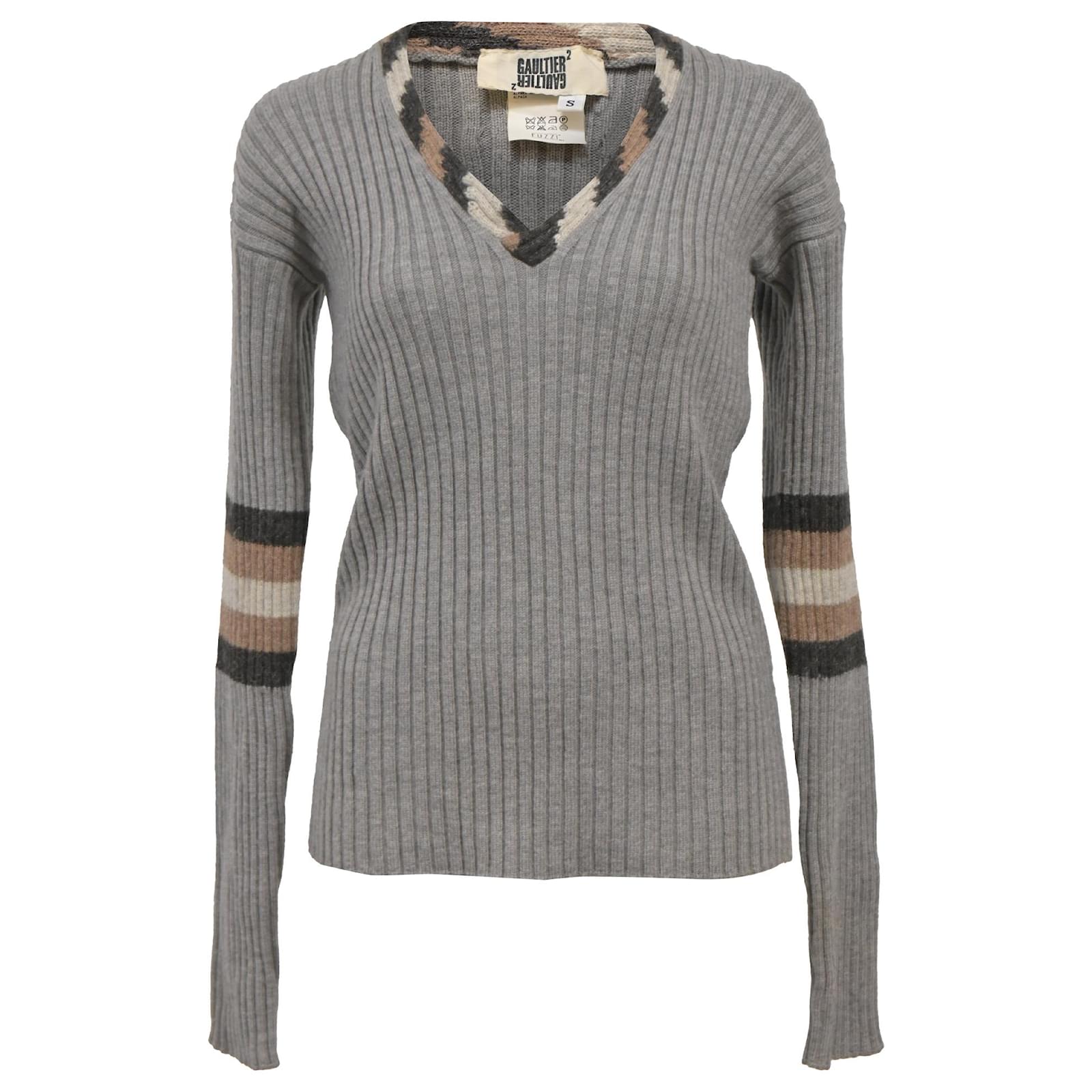Jean Paul Gaultier Ribbed Knit V-Neck Sweater in Grey Wool ref