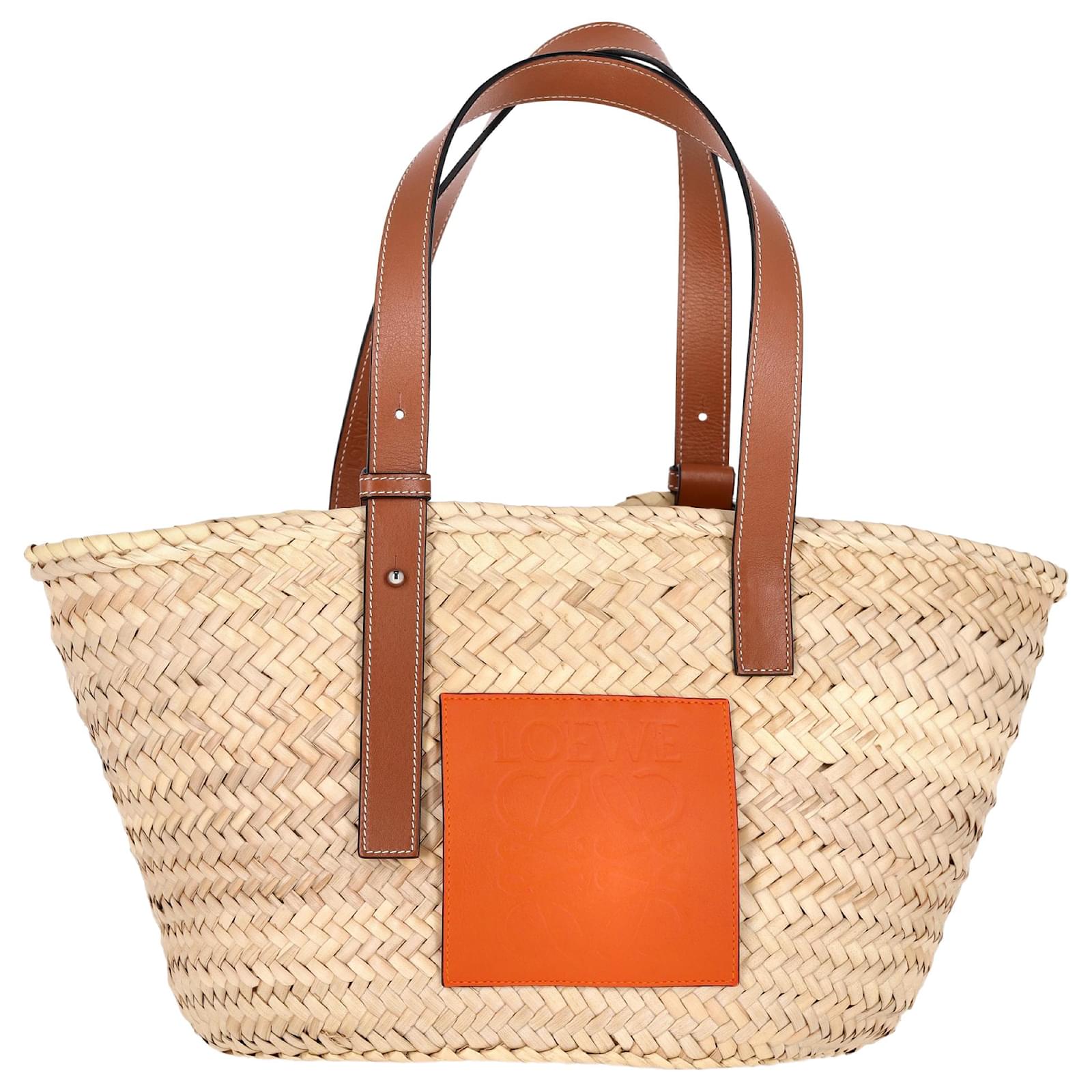 Loewe Large Basket Bag in Orange Leather and Raffia Coral ref