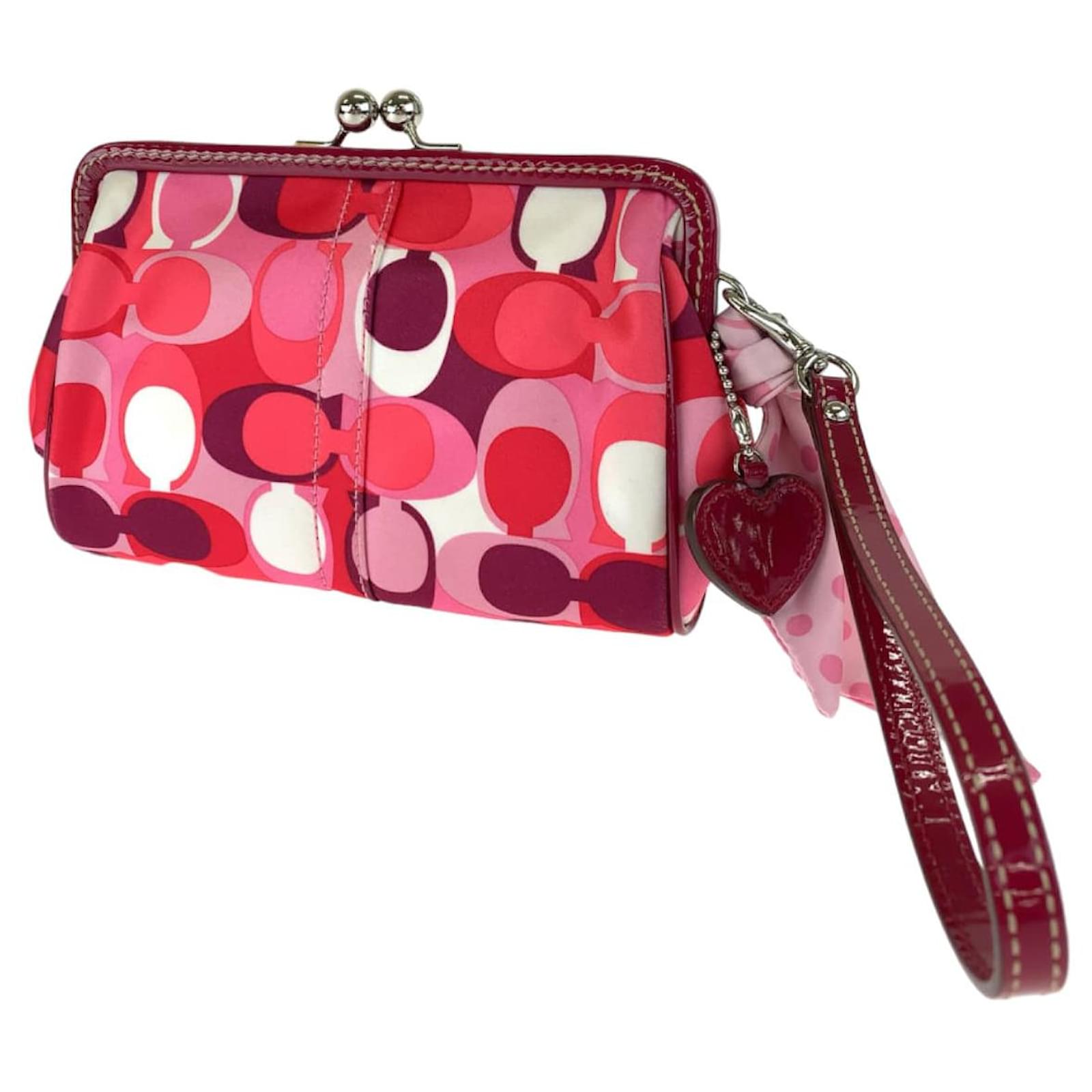 Coach Satin Signature Accessory Pouch Makeup Bag Pink Cloth ref