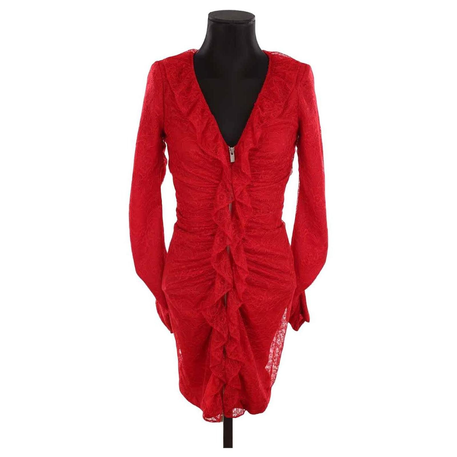 chinese dress ladies The Kooples Red Lace Chiffon Dress Womens Medium Pleated Long Sleeve Mini