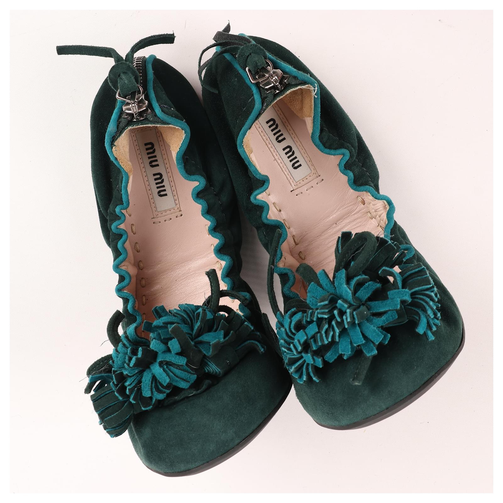 Miu Miu Ballerine in Camoscio Verde Scuro con Frange e Fiocco