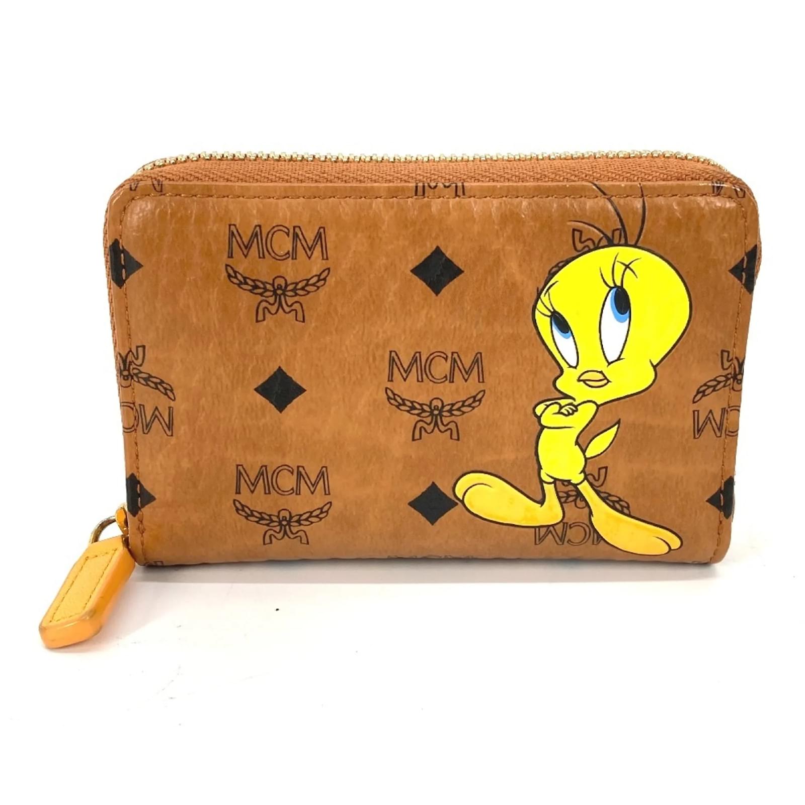 MCM Looney Tunes Tweety Visetos Coin Purse Brown Leather ref