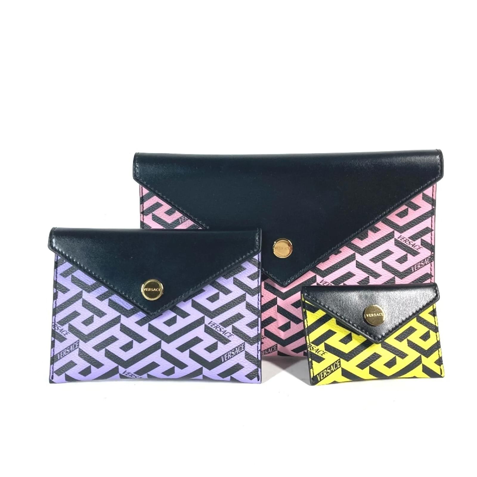 Versace Greca 3-Piece Set Pouch Wallet Pink Purple Yellow Leather