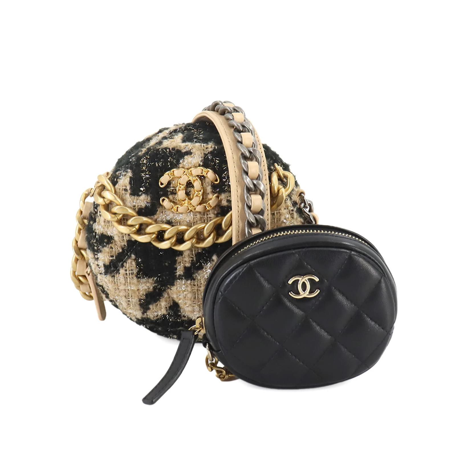 Chanel CHANEL 19 Round Chain Shoulder Bag Black Beige Leather