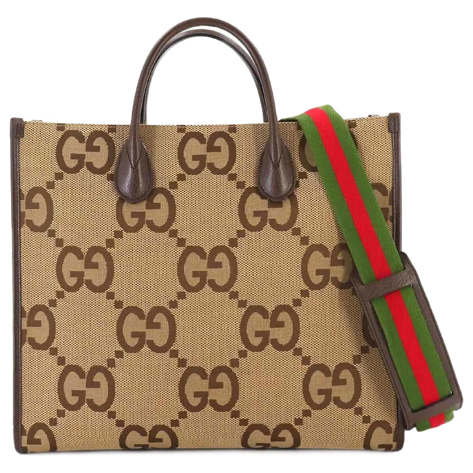 Gucci Jumbo GG 2way Tote Shoulder Bag Brown Beige Leather Cloth