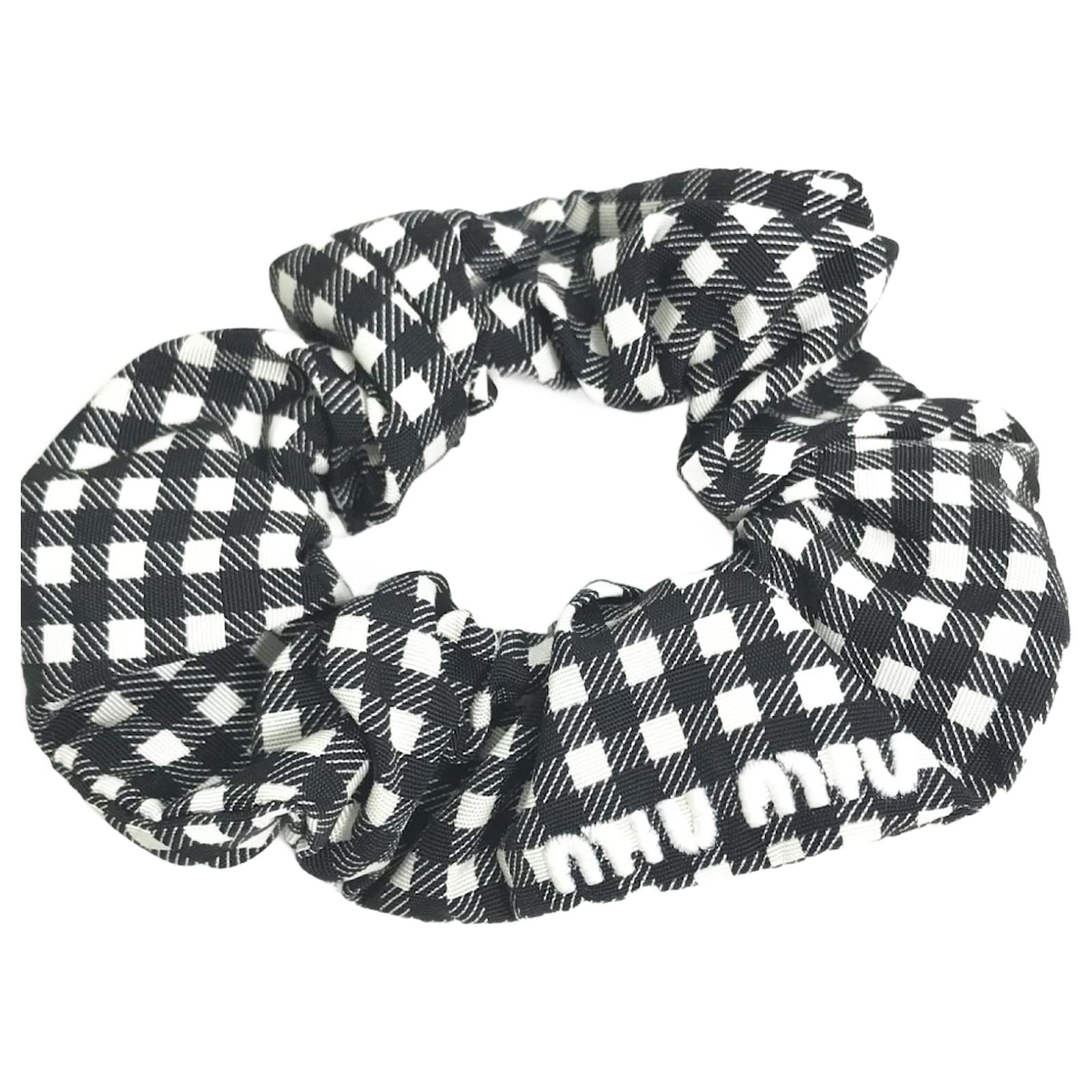 Miu Miu MIU Check Hair Tie Scrunchie Black White Nylon ref