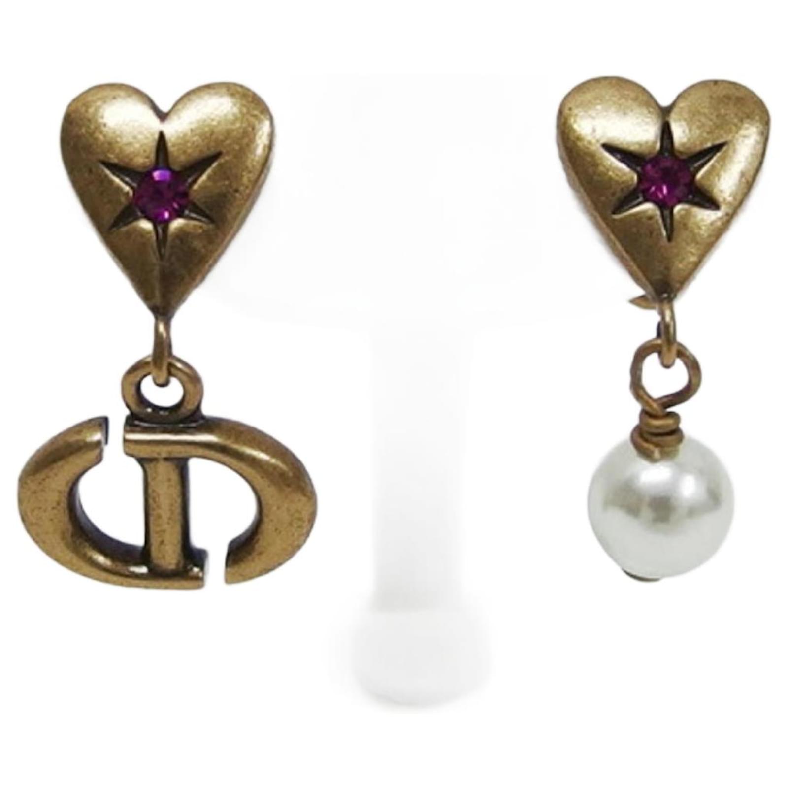 Christian Dior Swing Faux Pearl Heart Earrings Metal