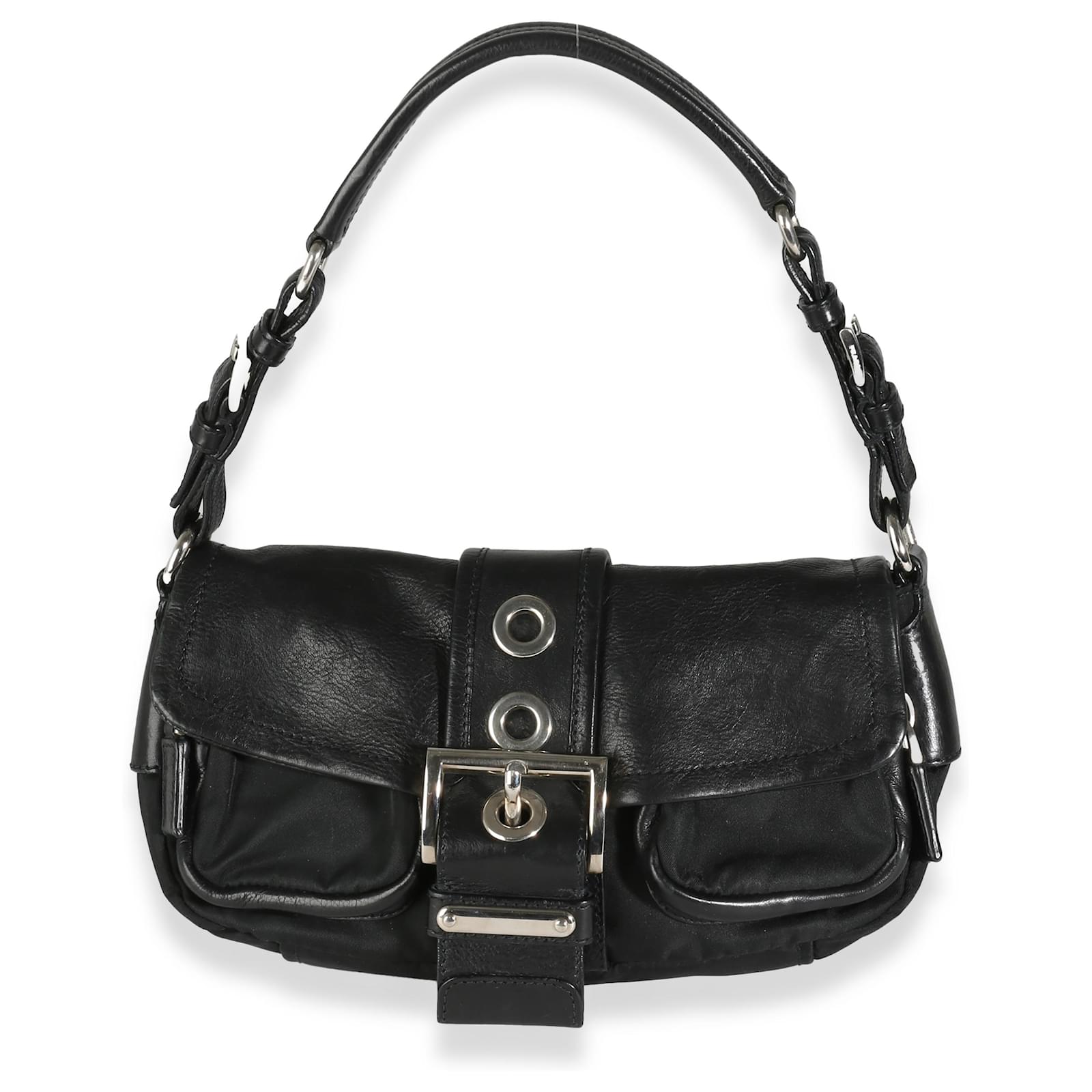 Prada Black Calfskin Nylon Front Buckle Shoulder Bag Leather ref