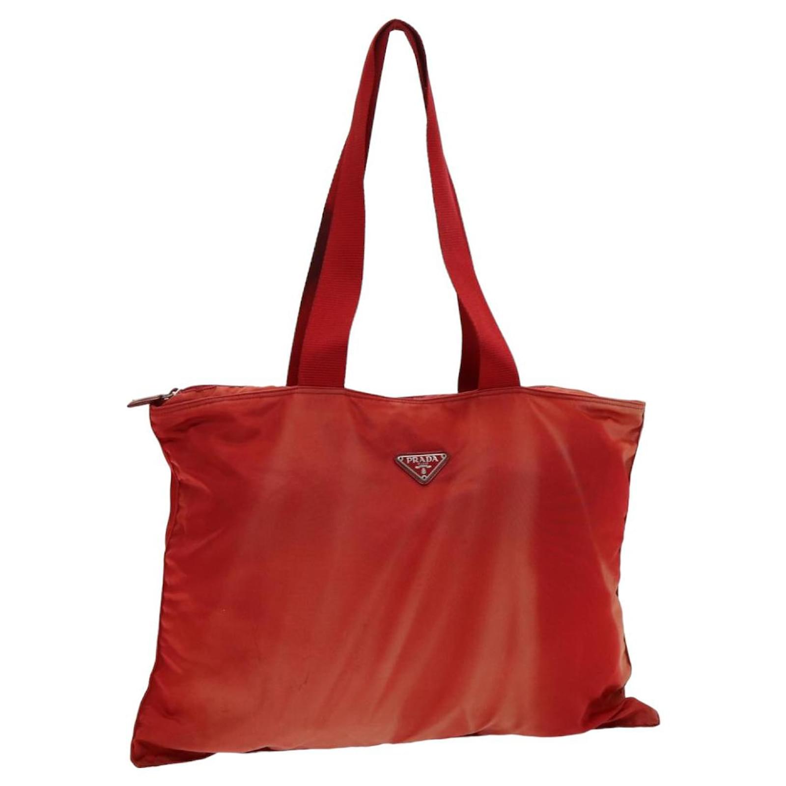 PRADA Tote Bag Nylon Rot Silber Auth 85644