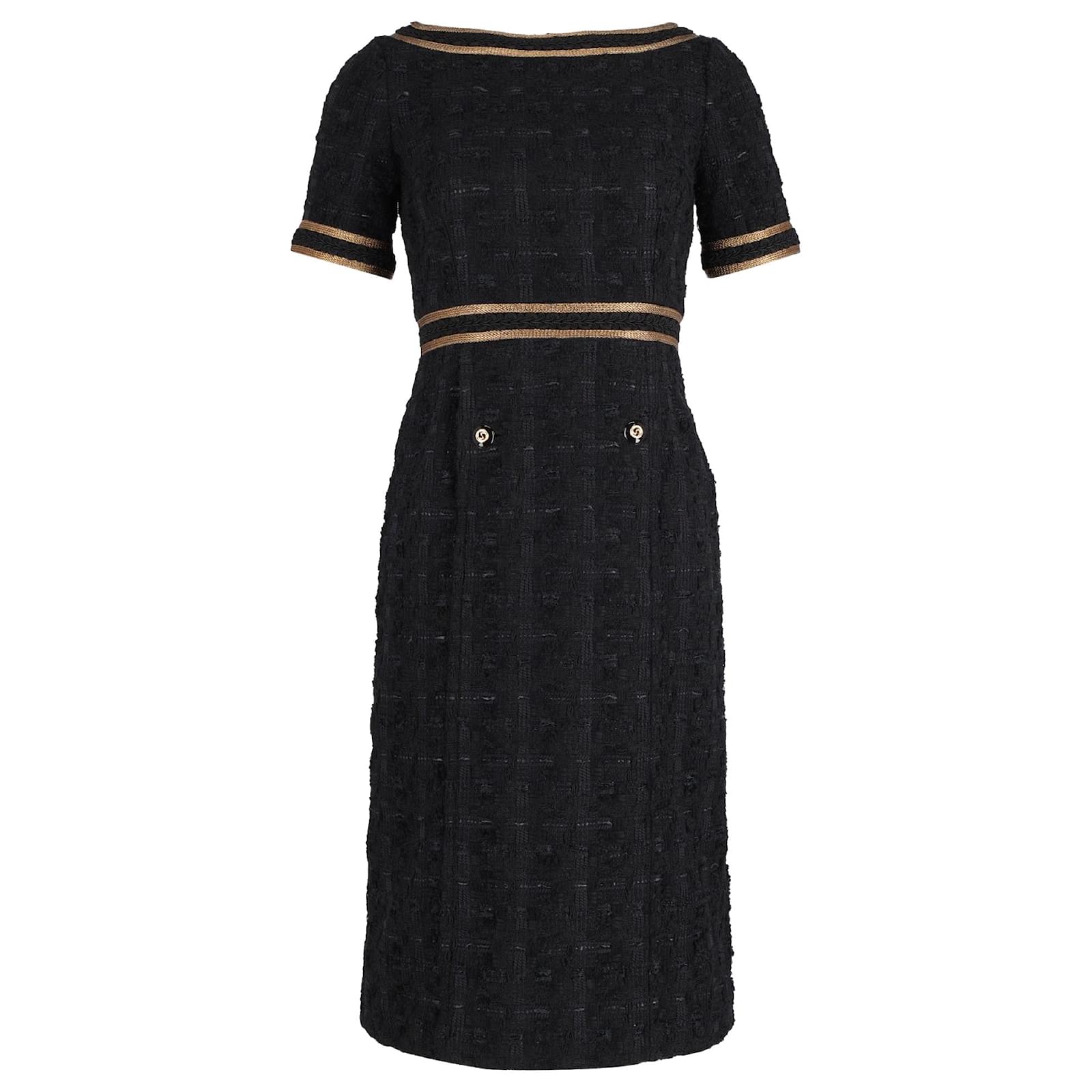 Abito ricamato in tweed nero con rifinitura in nastro Gucci Midi