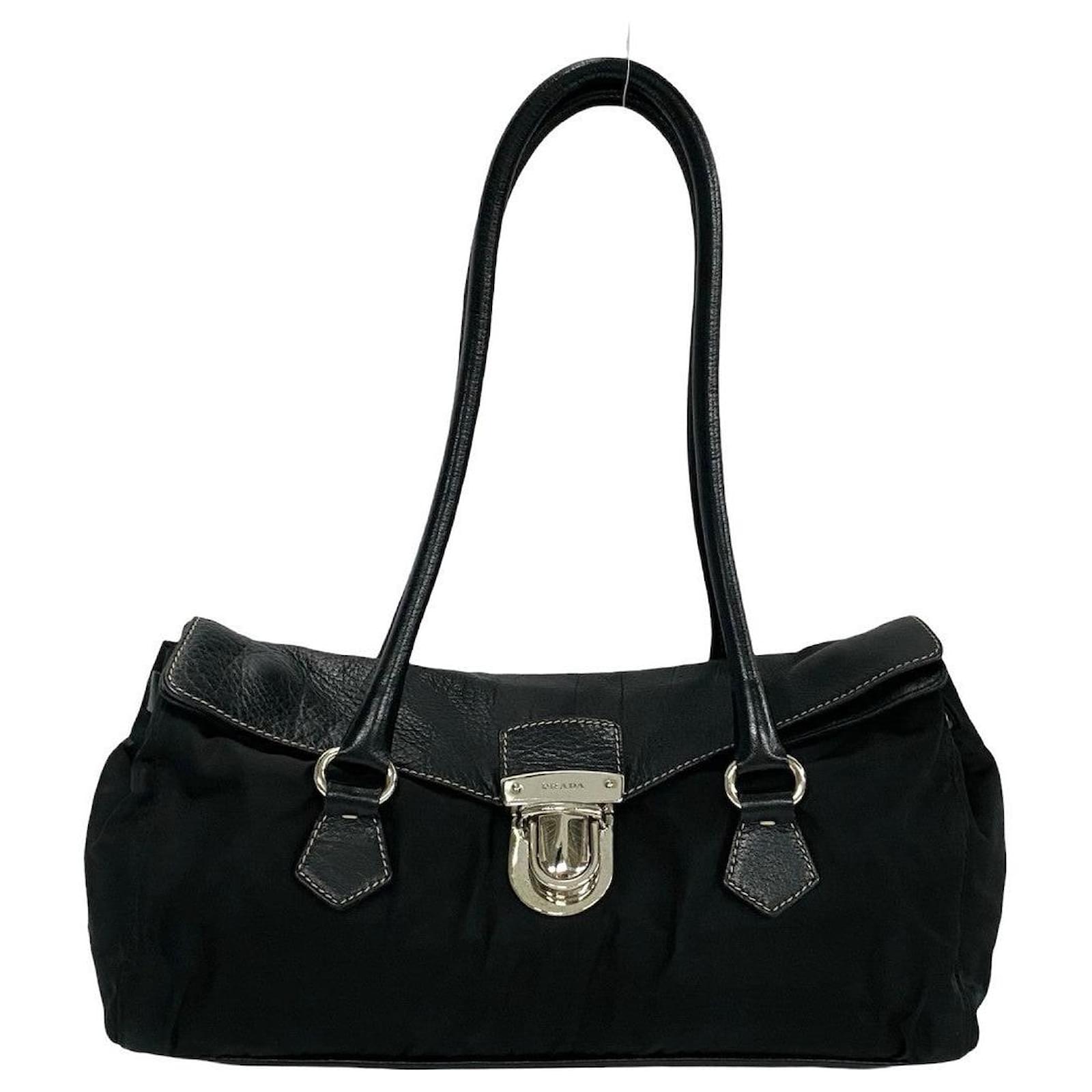 Prada Tessuto Easy Shoulder Bag Canvas Handbag Black Cloth