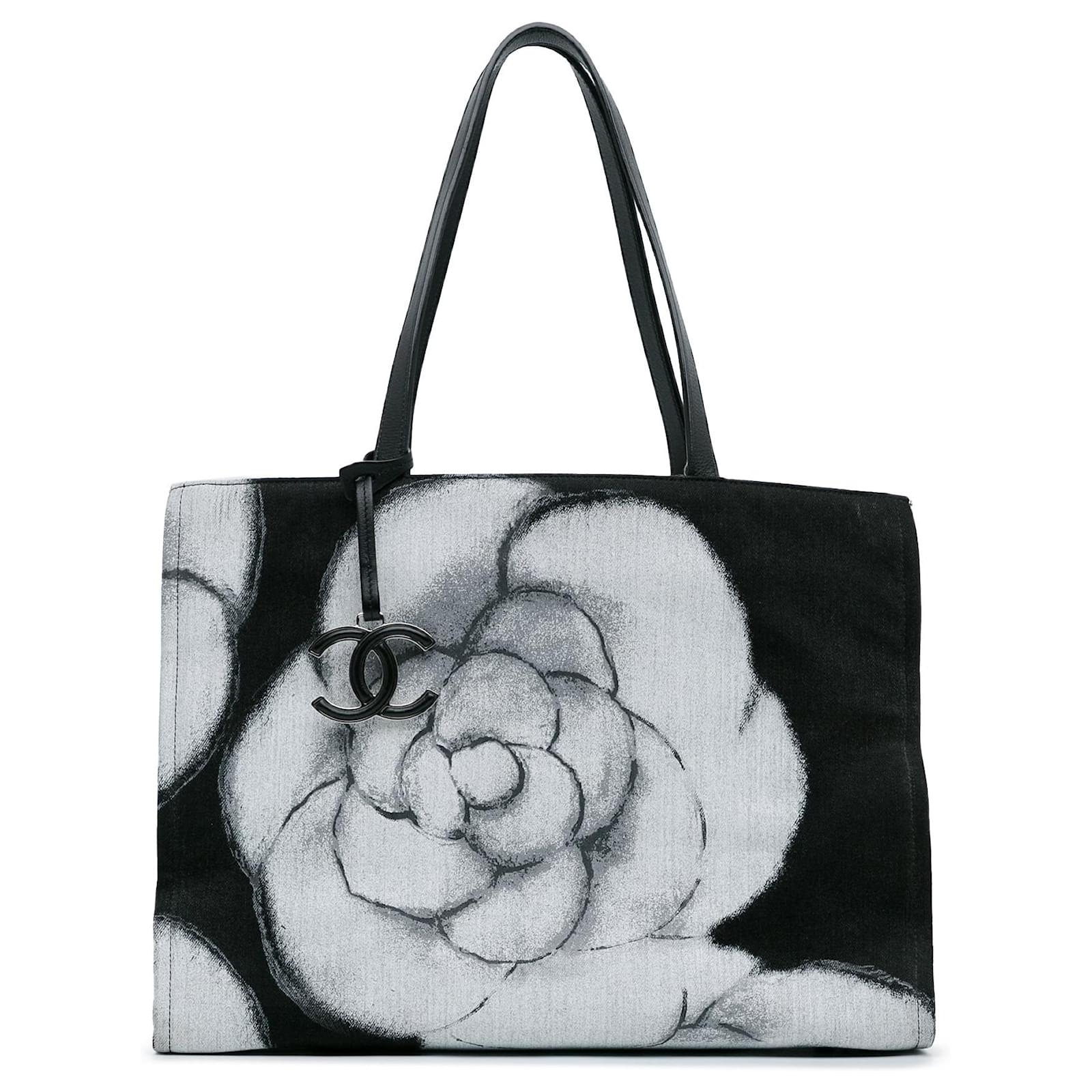 Black Chanel Large Camellia Printed Canvas Shopper Tote Leather ref.1597346 Joli Closet