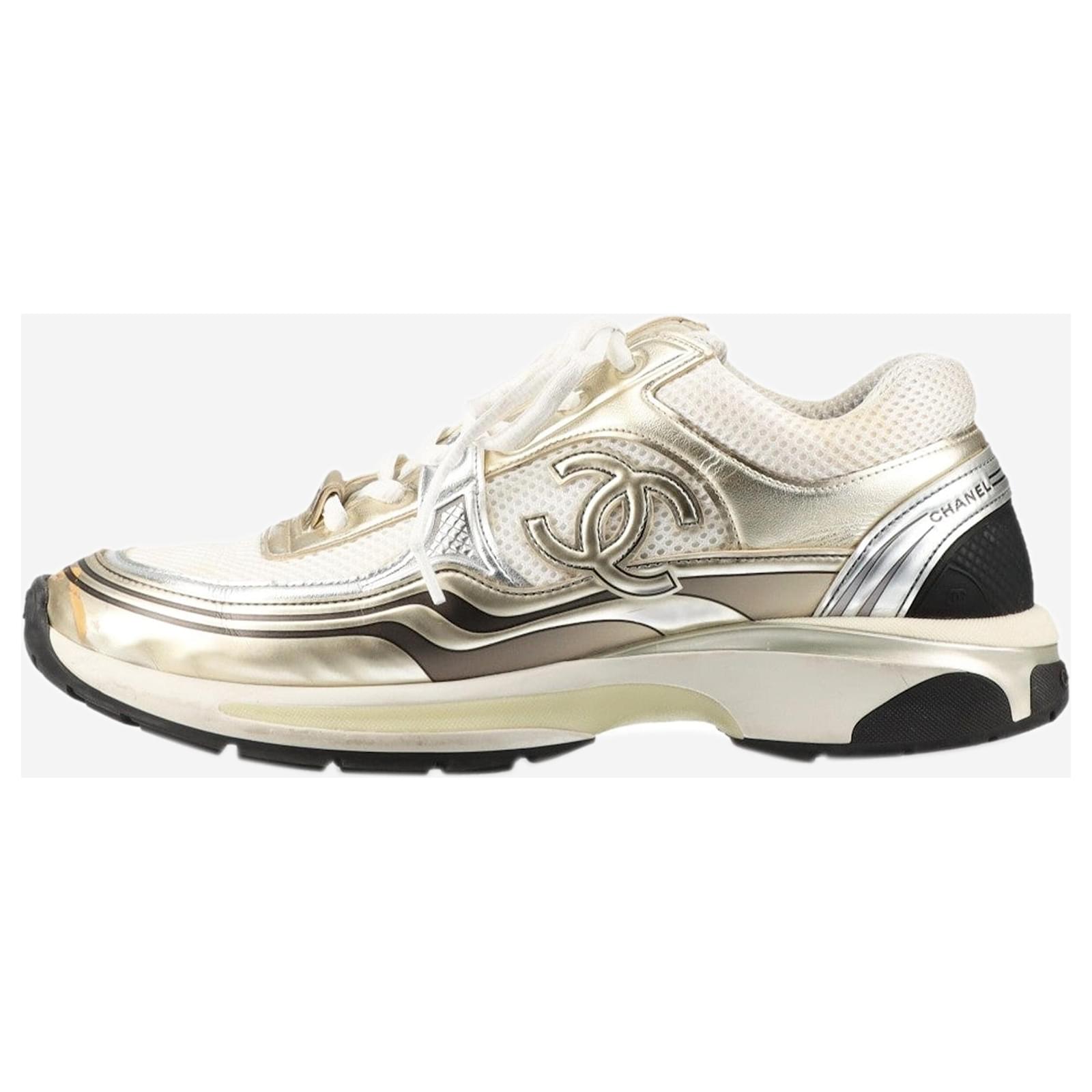 Chanel White and gold CC mesh and leather trainers - size EU 42
