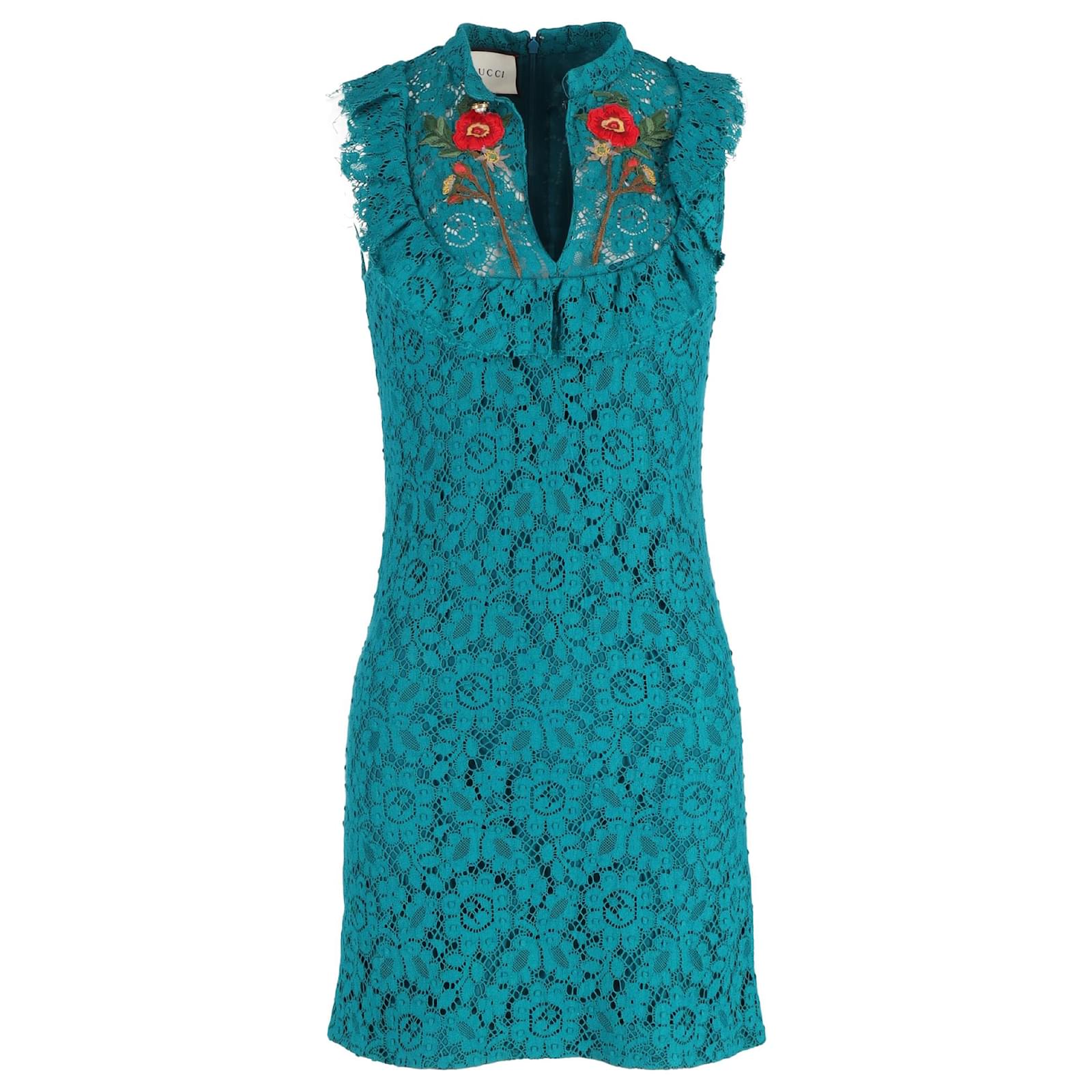 Abito senza maniche in cotone turchese ricamato con fiori in pizzo