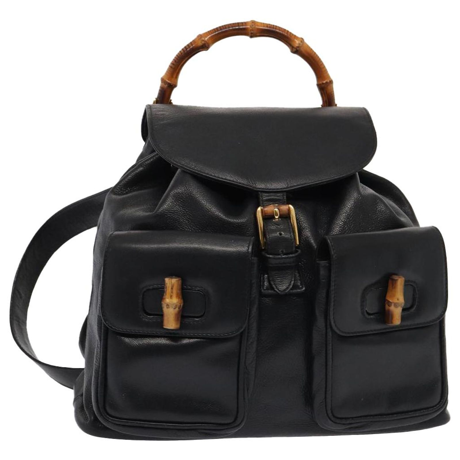 GUCCI Bamboo Backpack Leather Black Gold 003 2058 0016 Auth  display picture 3