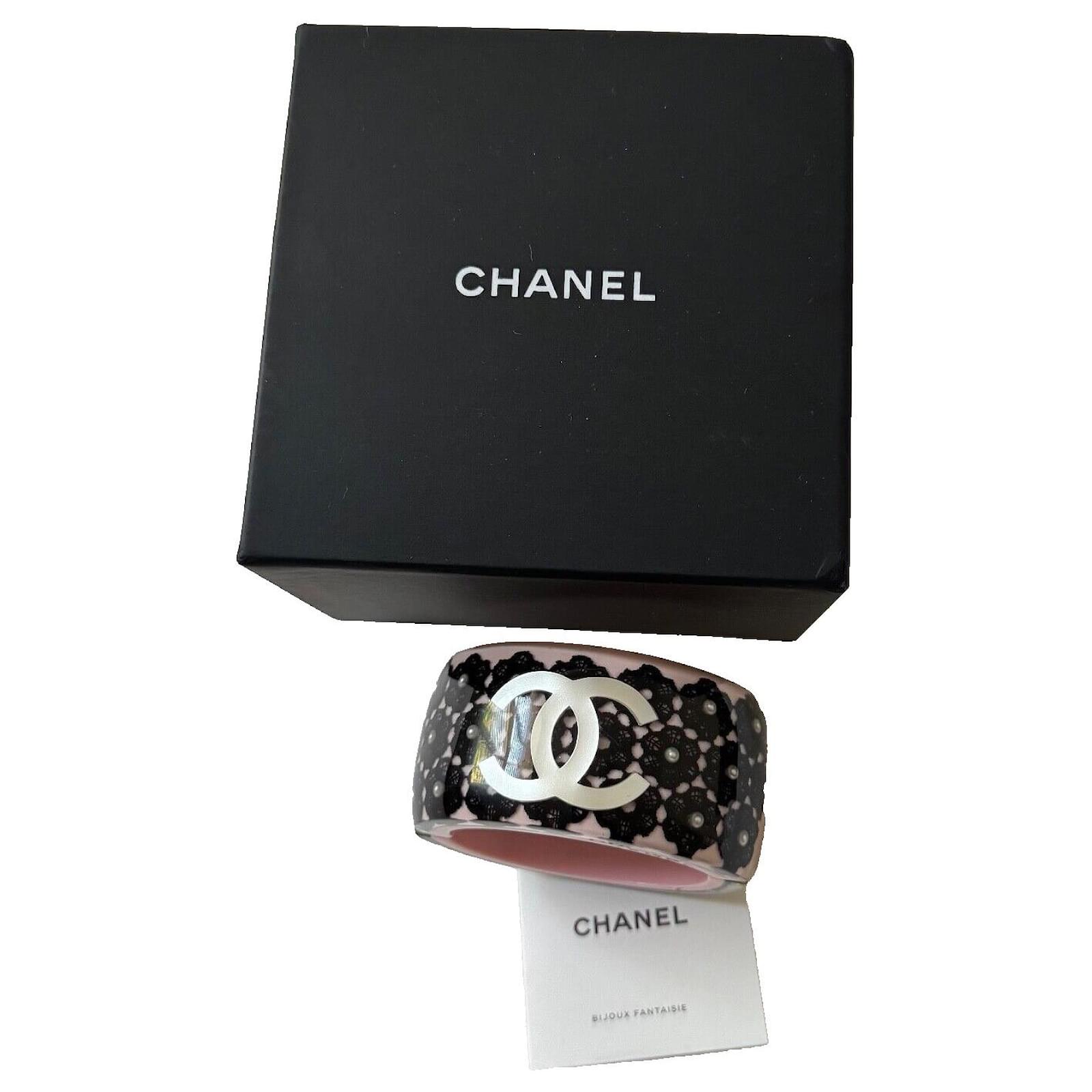 Chanel CC Lace Flowers Faux Pearls Cuff Bracelet Black Pink White