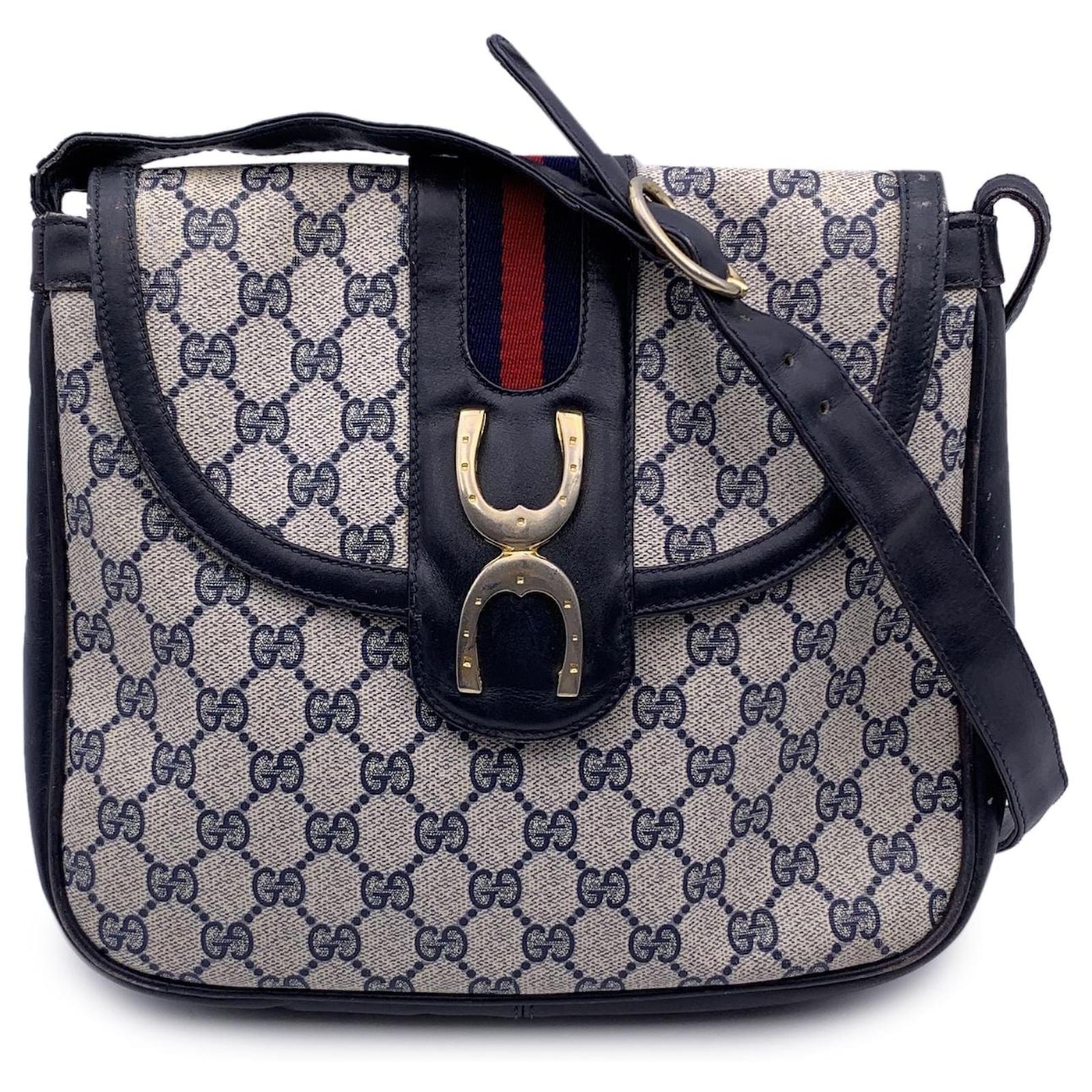 Gucci Borsa a spalla in tela monogramma blu vintage con ferri di