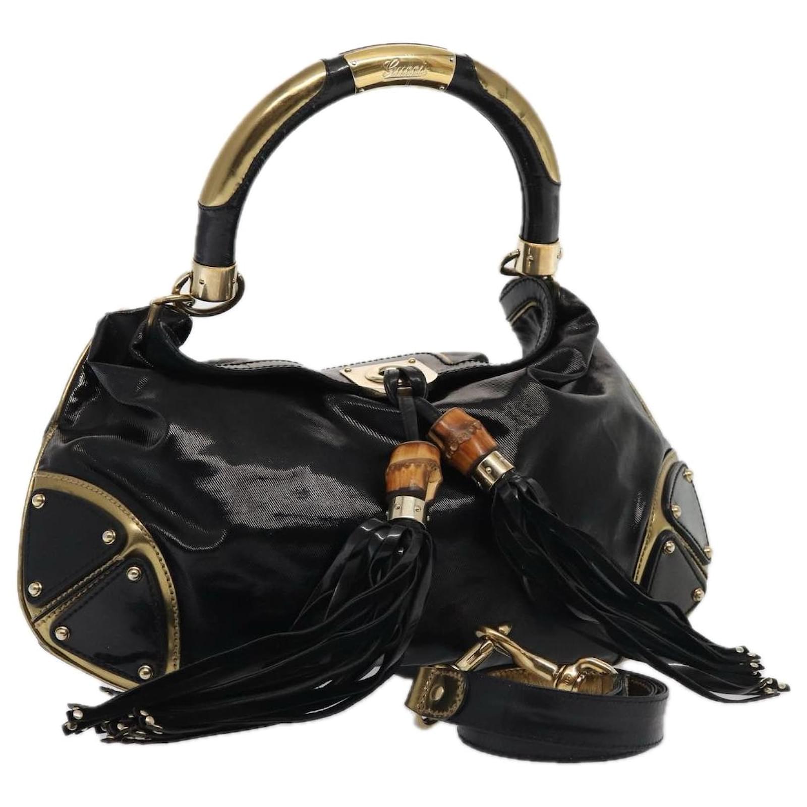 old gucci 2wayバッグ GUCCI Hand Bag Enamel 2way Black Gold 185566 Auth 86648 Golden ref