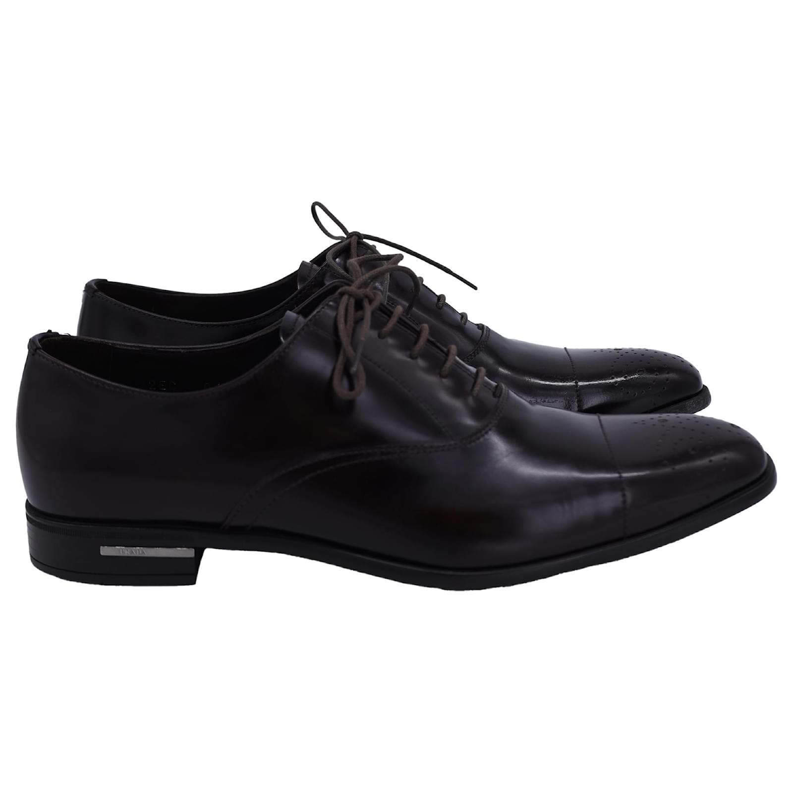 Prada Lace Up Brushed Oxford Shoes in Brown Leather