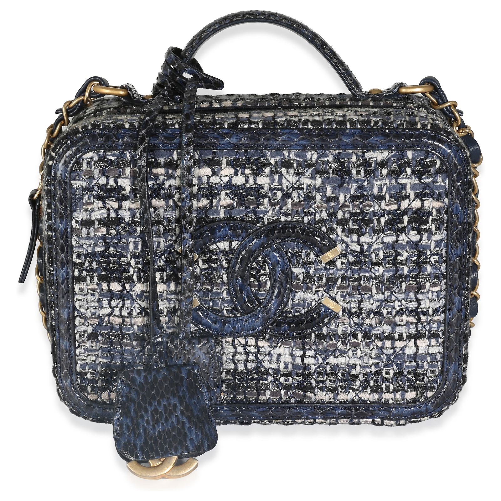 Chanel Navy Tweed Python Medium Filigree Vanity Case Blue Exotic