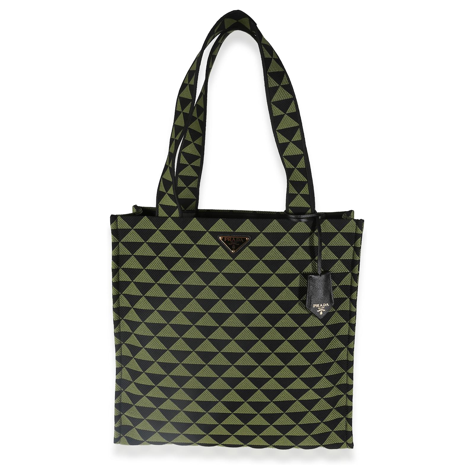 Prada Black Green Jacquard Triangolo Symbole Shopping Tote Cloth