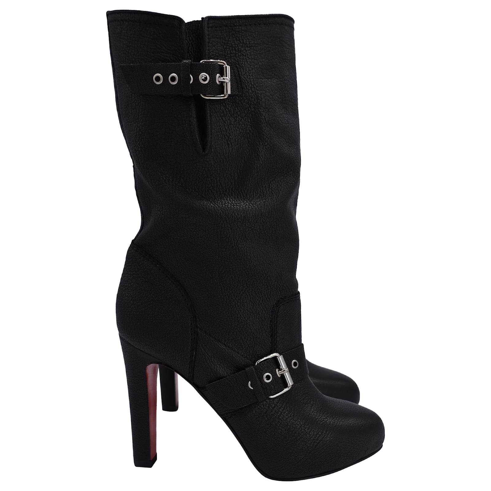 Christian Louboutin Flanavec Buckle Detail Motorcycle Boots in Black Leather