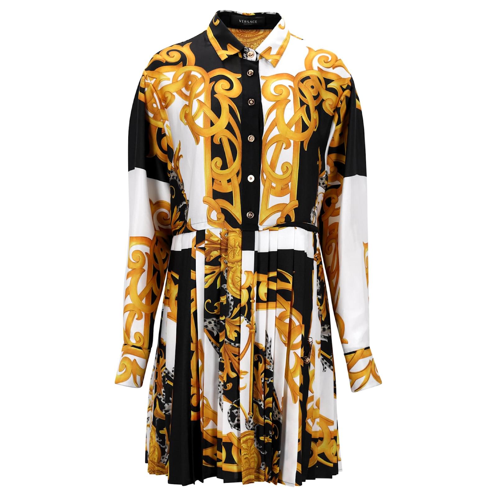 Versace Pleated Baroque Print Mini Long Sleeve Shirt Dress