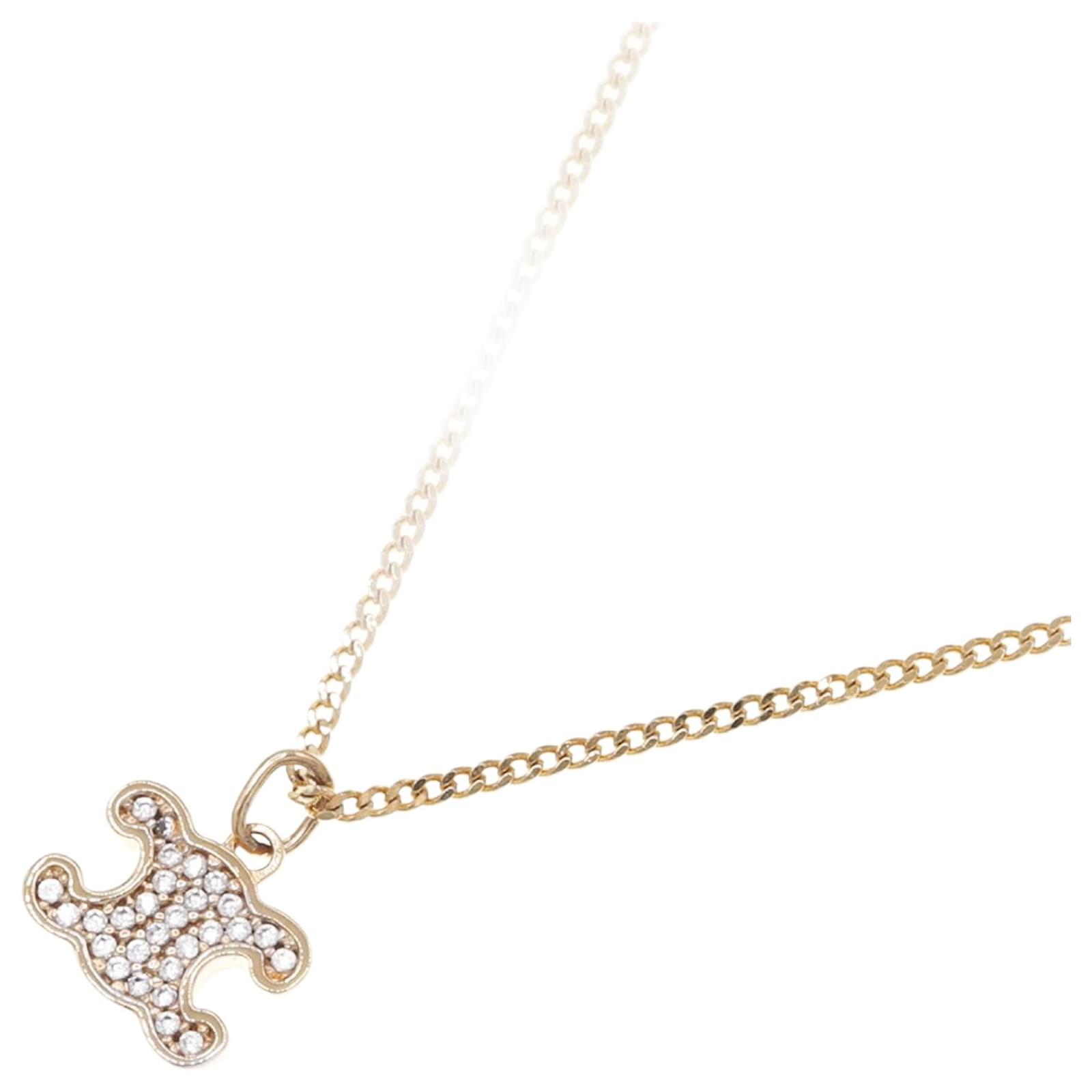 【Celine】 Triomphe Rhinestone Necklace Brass Gold Crystals CELINE Necklace Brass Crystal Triomphe Rhinestone Necklace