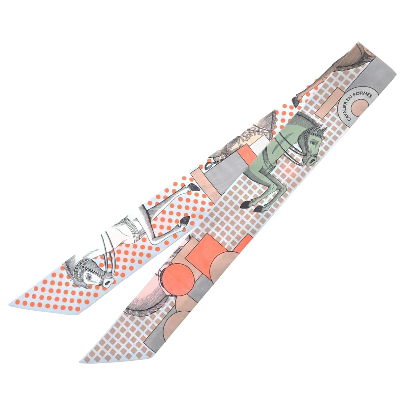 HERMES silk Twilly CAVALIER EN FORMES scarf white