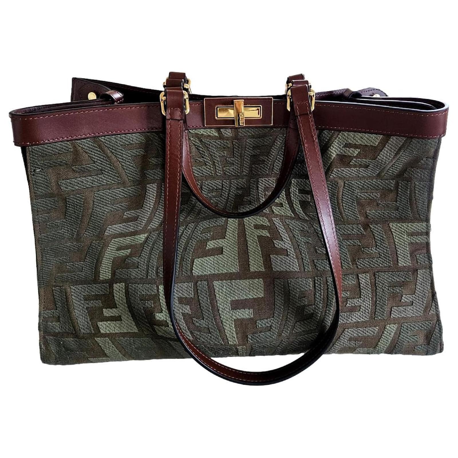 Fendi 8BH374 FF Peekaboo X Tote Shoulder Bag Green Cotton