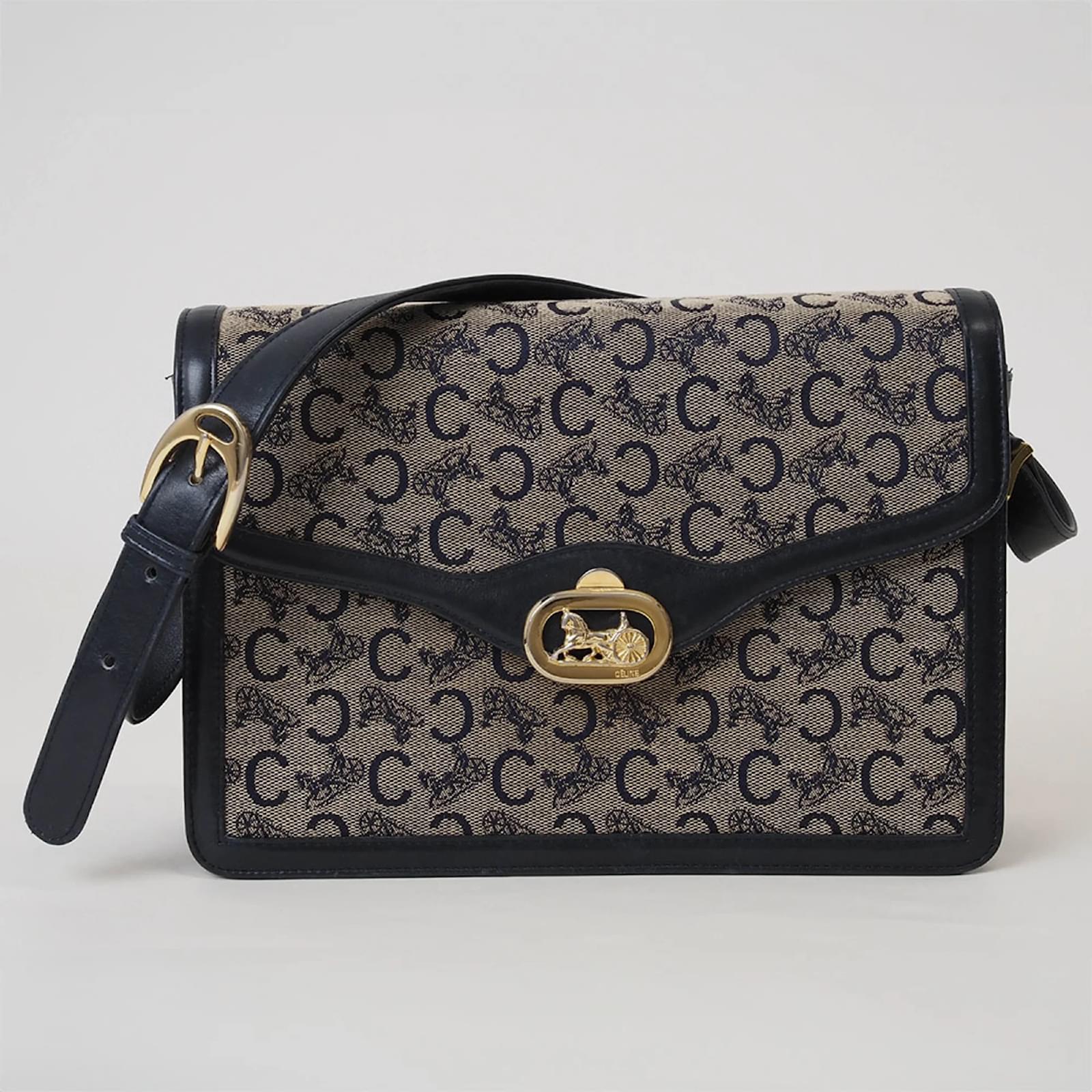 Celine Celine Old Sulky Shoulder Bag Beige Navy blue Leather Cloth ref.1619425 Joli Closet
