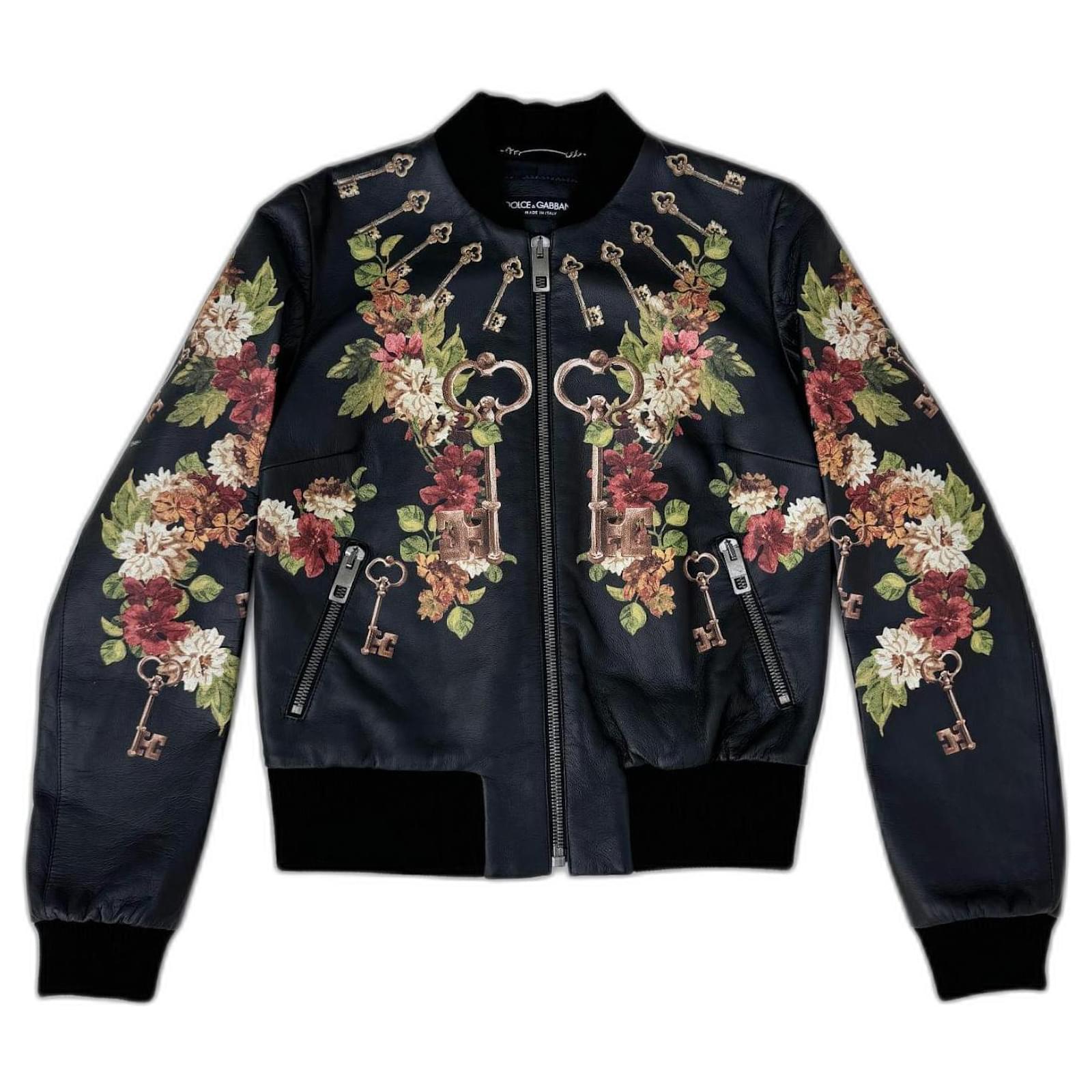 Dolce & Gabbana Leather Bomber Jacket Flowers and Keys Print Black