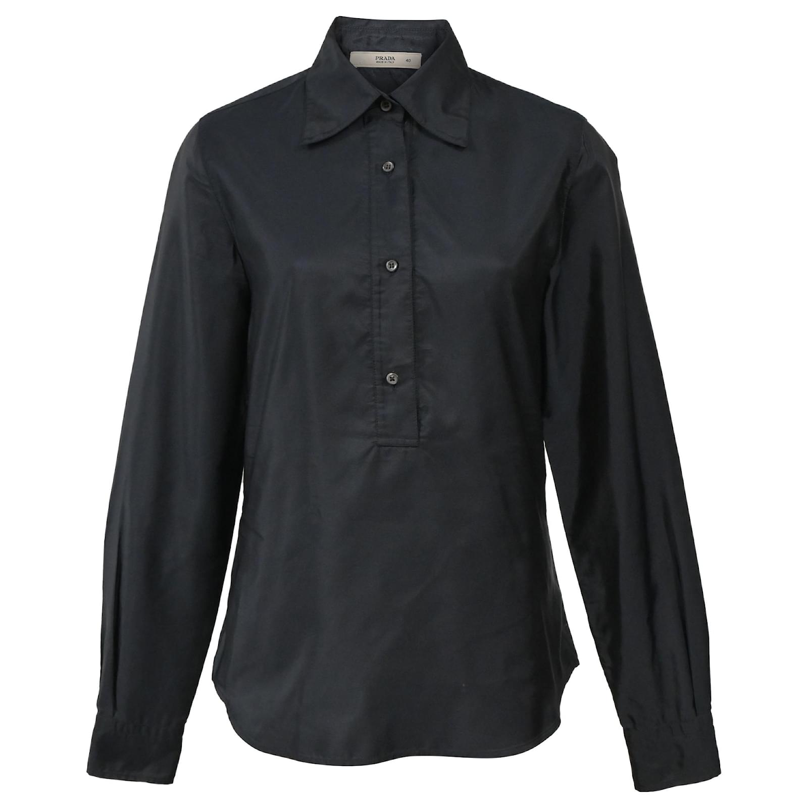 Prada Half Button-Up Long Sleeve Shirt in Black Cotton ref