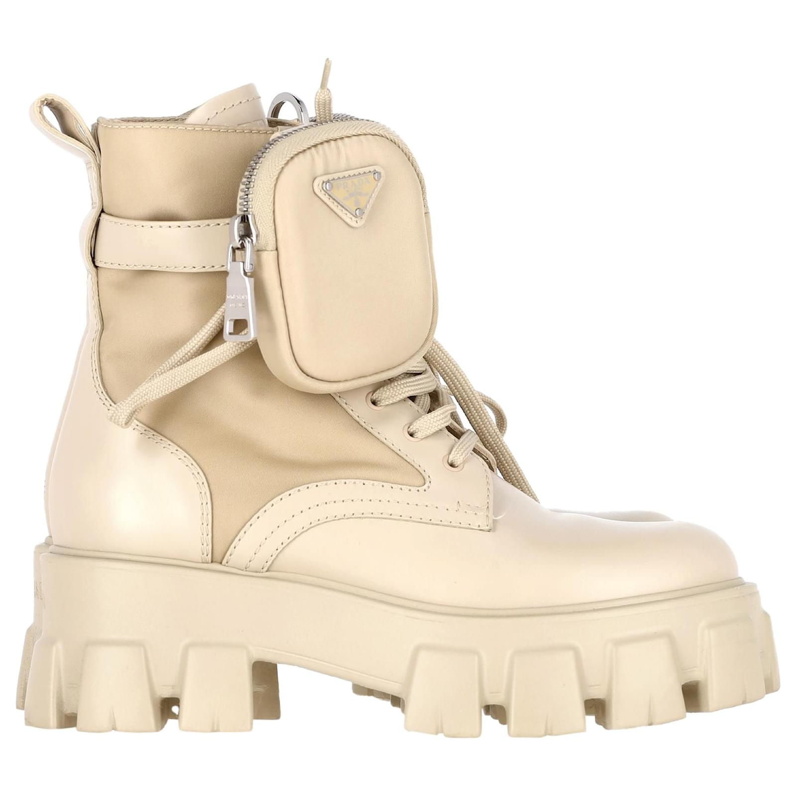 Prada Monolith Pouch Detail Boots in Beige Leather ref.1623805 Joli Closet