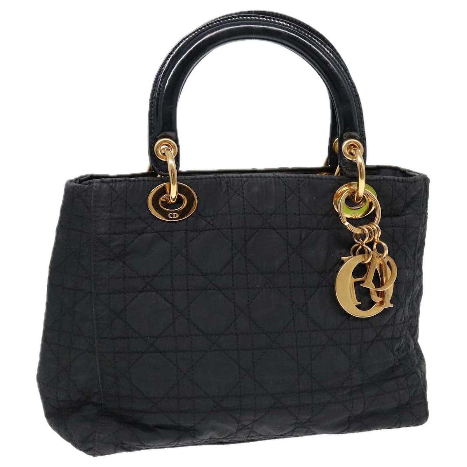 Christian Dior Lady Dior Canage Hand Bag Nylon Black Gold Auth