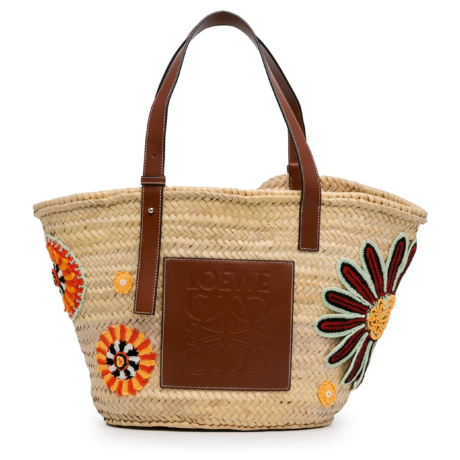 PALMETTO TOTE BAG 25 IN BEIGE WOVEN RAFFIA BROWN CALFSKIN TRIM